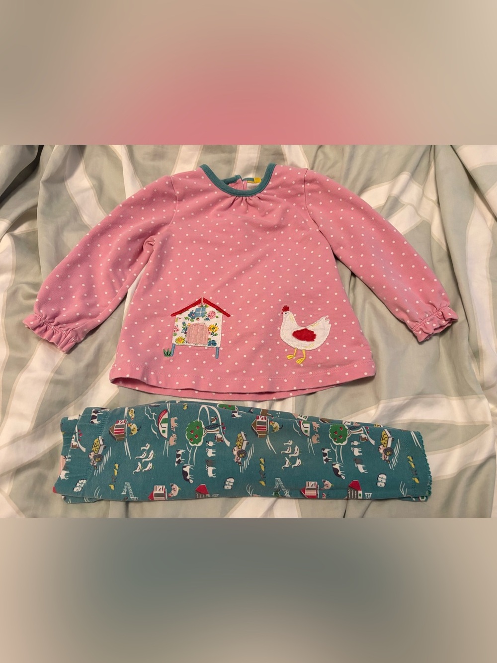 Mini Boden Pink Polka Dot Chicken Appliqué Top with Teal Farm-Print Pants